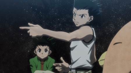 Adult Yusuke Urameshi teaching his son how to do the Spirit Gun.